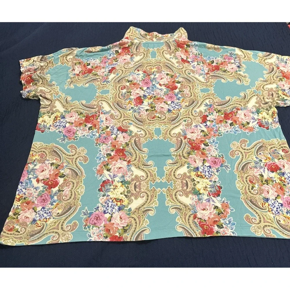 JOHNNY WAS Women Size XXL Rivoray Floral S/S Paisley Polo Tee Shirt Boho Ornate